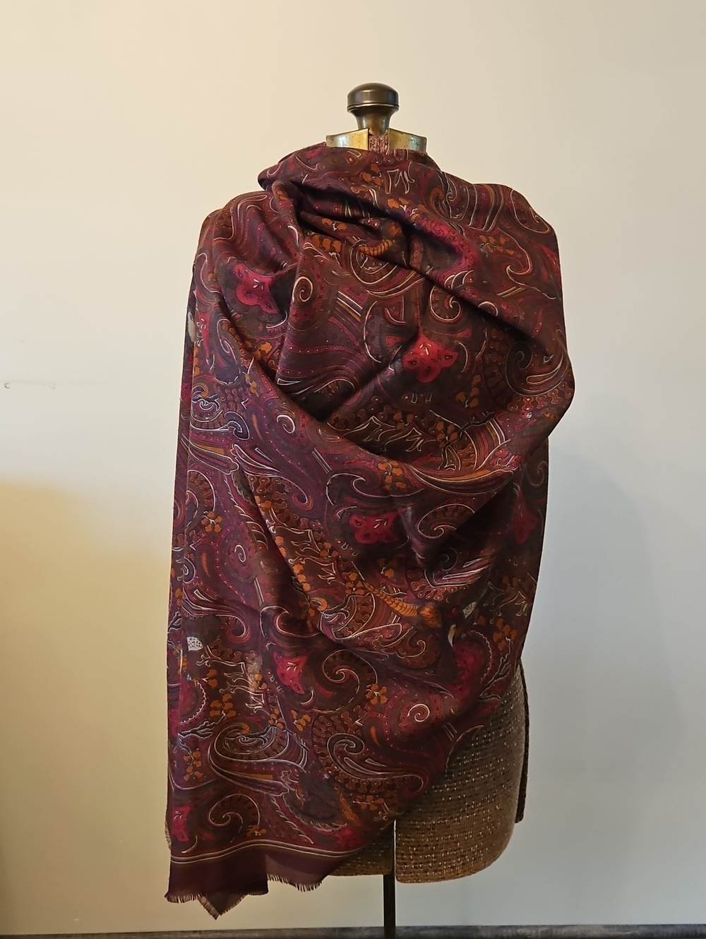 Vintage 1990s Express Burgundy Paisley & Pheasants Wrap Scarf Throw Italy 54x55"
